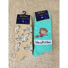 Harry Potter Socks 2 Pair Bundle Hedwig Owl Teal Harry Broomstick Mens 6.5-12