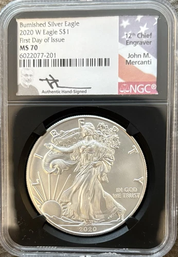 2020 W BURNISHED SILVER EAGLE NGC MS70 FIRST DAY OF ISSUE FDOI MERCANTI SIGNED!