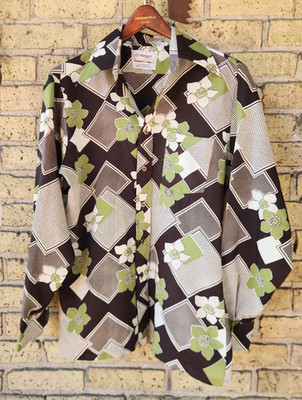 VTG 70's Target Men's Medium Button Up Shirt Polyester Floral Geometric Green