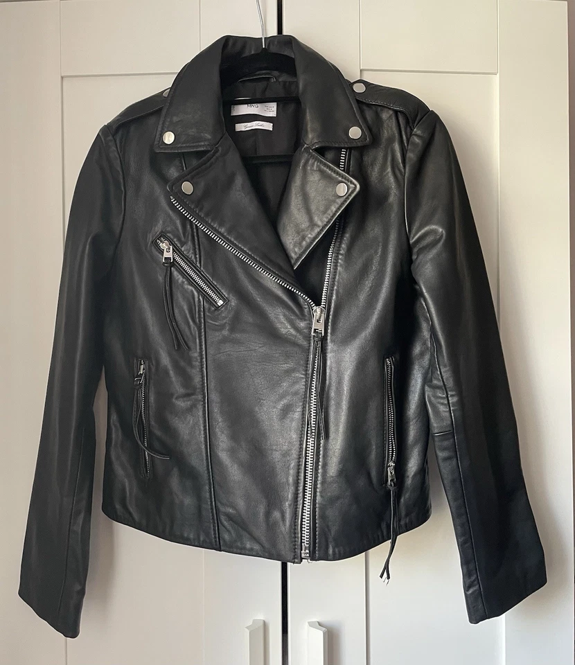 Chaqueta de Cuero Genuino Negra Mango Talla Mediana Nueva Sin Etiquetas Chaqueta de Motociclista Foto 2 de 4