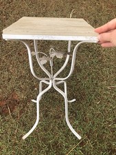 Mesa auxiliar italiana vintage de metal blanco Tole soporte para plantas tapa de madera Shabby Chic
