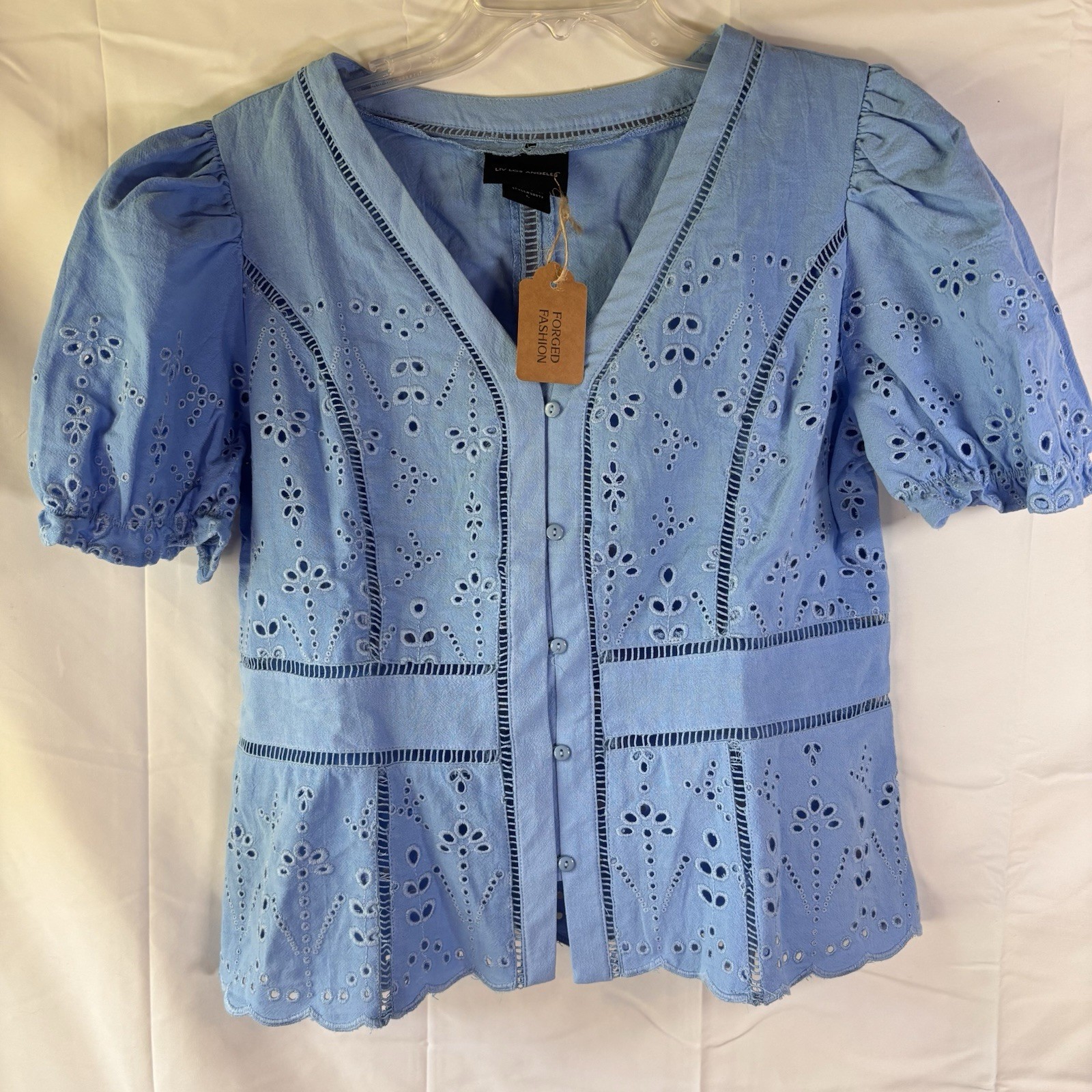 Liv LA Blue Eyelet Cropped Balloon Sleeve Top Women's Size L NWT