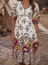 Fig Flower NWT size Small Pippa Midi Dress Linen Blend Boho Puff Sleeves