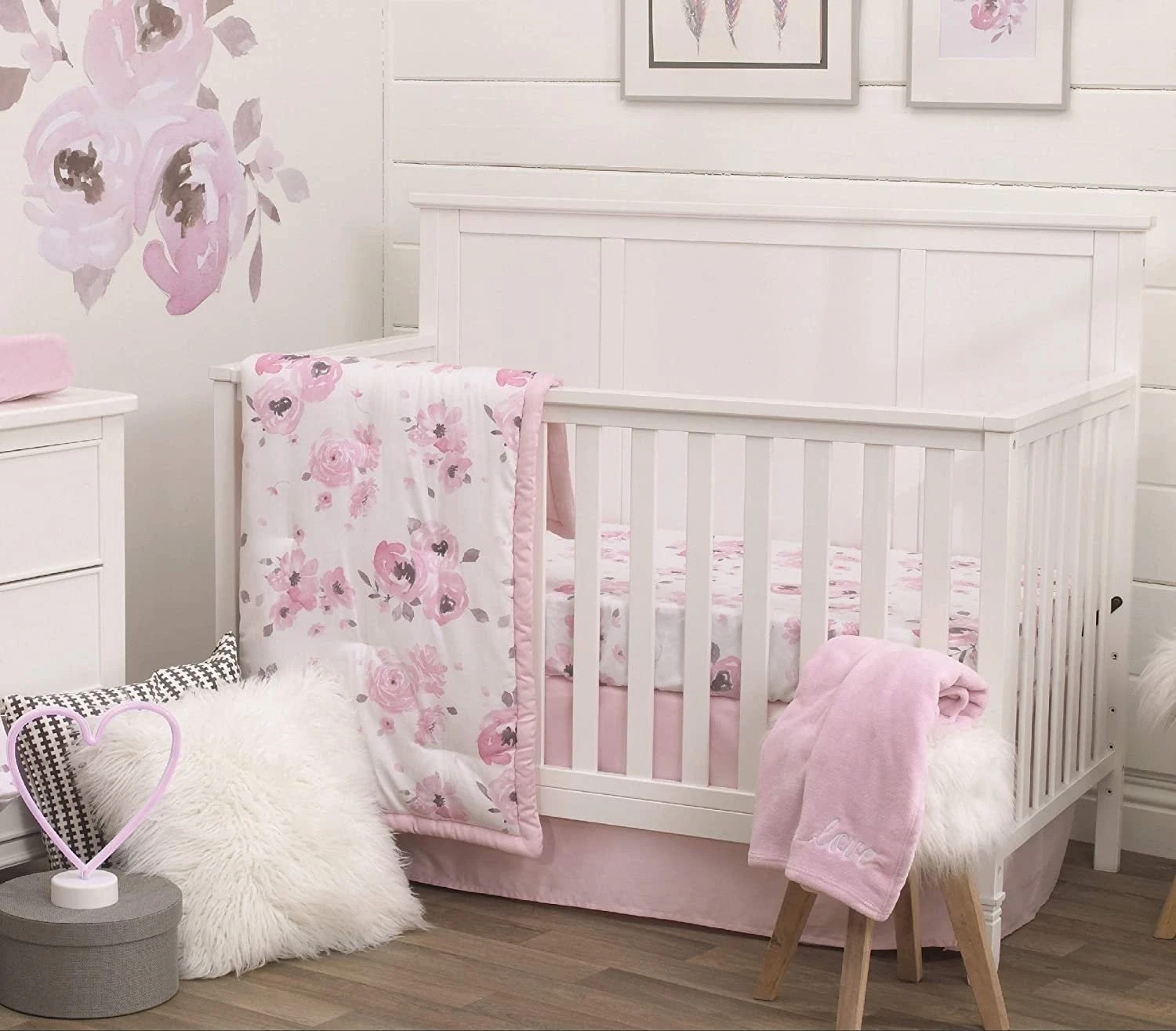 NoJo 4 Piece Nursery Crib Bedding Set, Watercolor Floral, Pink/Rose/White/Brown
Opens in a new windo