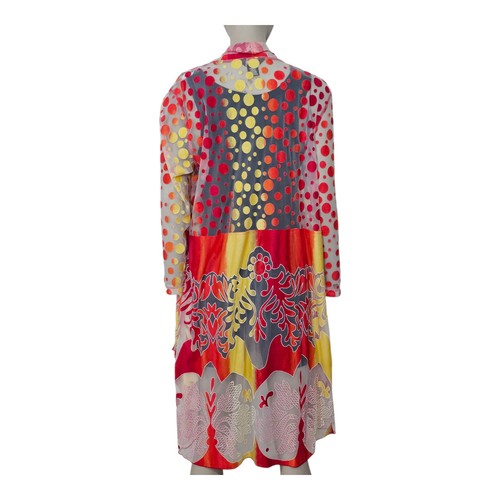 Multiples Elegant Sheer Lace Kimono Sz XL Red Yellow Open Front Floral Polka Dot - Picture 4 of 12