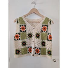 Unbranded Crochet Granny Square Vest Floral Patchwork Button Front Festival READ