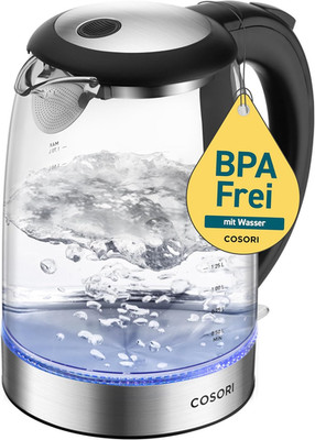 COSORI 1,7L Glas Wasserkocher 2200W plastikfrei Edelstahl Filter schnell schwarz