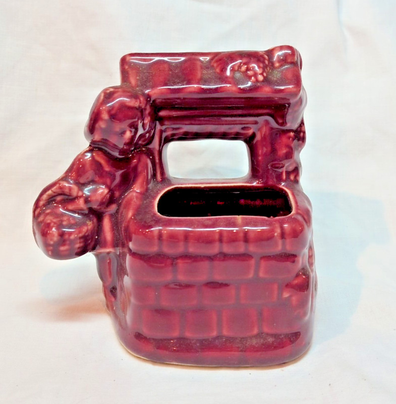 Vintage Mid-Century Red Cranberry Ceramic Girl At Wishing Well Planter ?Shawnee?