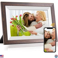 10.1" Digital Photo Frame, WiFi Touch Screen, HD Display, Brown Wood Frame