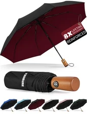 Windproof Travel Umbrella with Wood Handle, Automatic Umbrellas for Rain & UV...