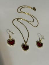 3pc Red Heart Design Necklace And Earrings Jewelry Set Gold Tone Trendy New