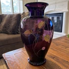 Vintage Fenton Tall Plum Amethyst Hand Painted Floral Vase Signed 13.25” Height