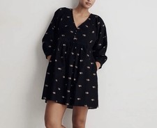 Madewell Corduroy Quilted-Bib Mini Dress in Blurred Ikat-Size Medium- Black