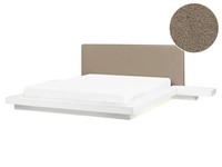 LED Bett Bouclé Taupe / Weiß Lackiert Mit 2 Nachttischen Lattenrost 160X200 Cm