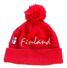 VTG Finland Hat Red Pom Knit Beanie Toboggan Youth Acrylic Retro Winter