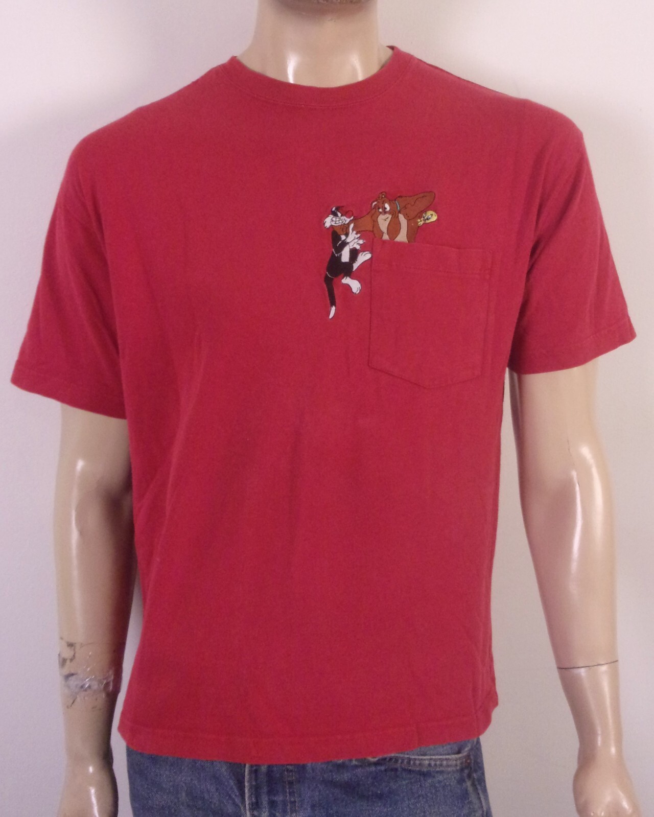 vintage 90s WB Looney Tunes Embroidered Sylvester & Tweety Pocket T-Shirt SZ M
