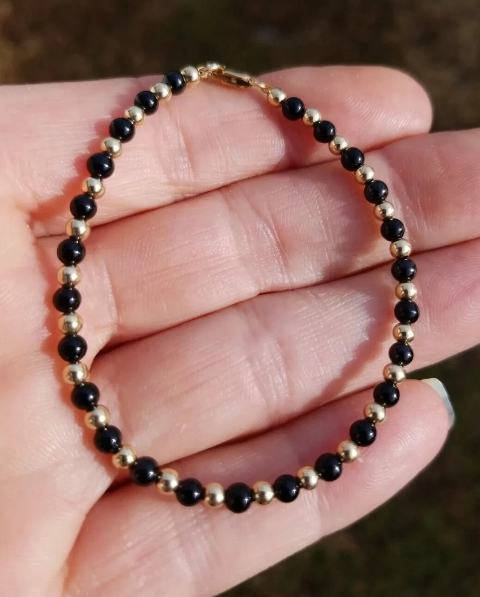 14K SOLID Yellow White Rose GOLD 3mm Black ONYX Bead Bracelet +Customize