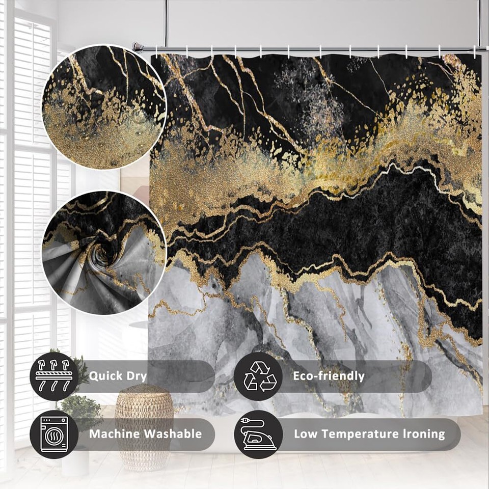 48x72inch Black and White Marble Shower Curtain Gold Glitter Splatter
