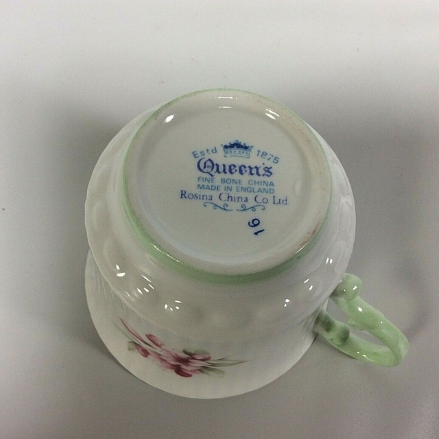 Rosina Queens Tea Cup Saucer Fine Bone China Pink Flowers Green Edges