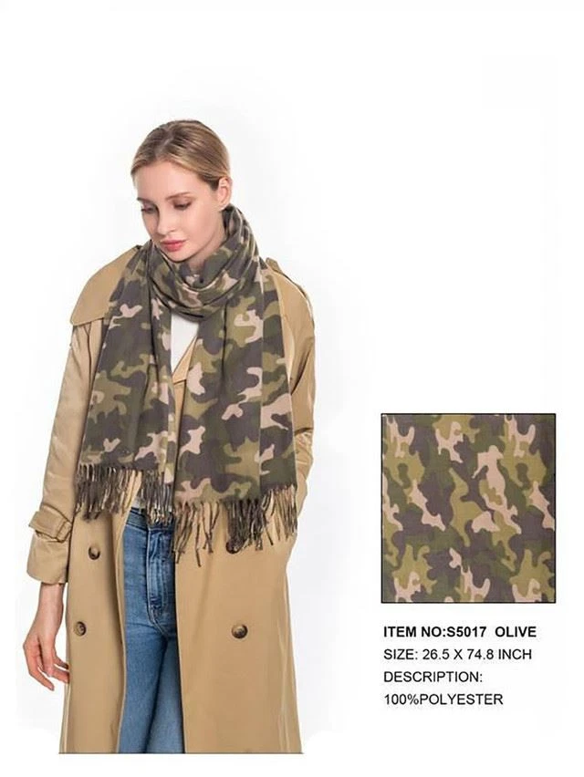 Women's Designer Camouflage Pattern Fringed Scarf Olive S5017 - Image 2 of 2