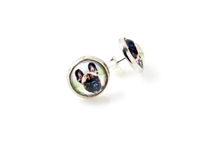 Französische Bulldogge. Haustier in Ihrem Ohr. Ohrringe. Foto-Schmuck. AT