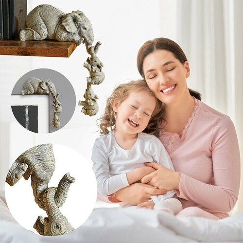 3X Resin Elephant Sitter Figurines Mother and 2 Babies Hanging Off Edge For Gift - Picture 2 of 13