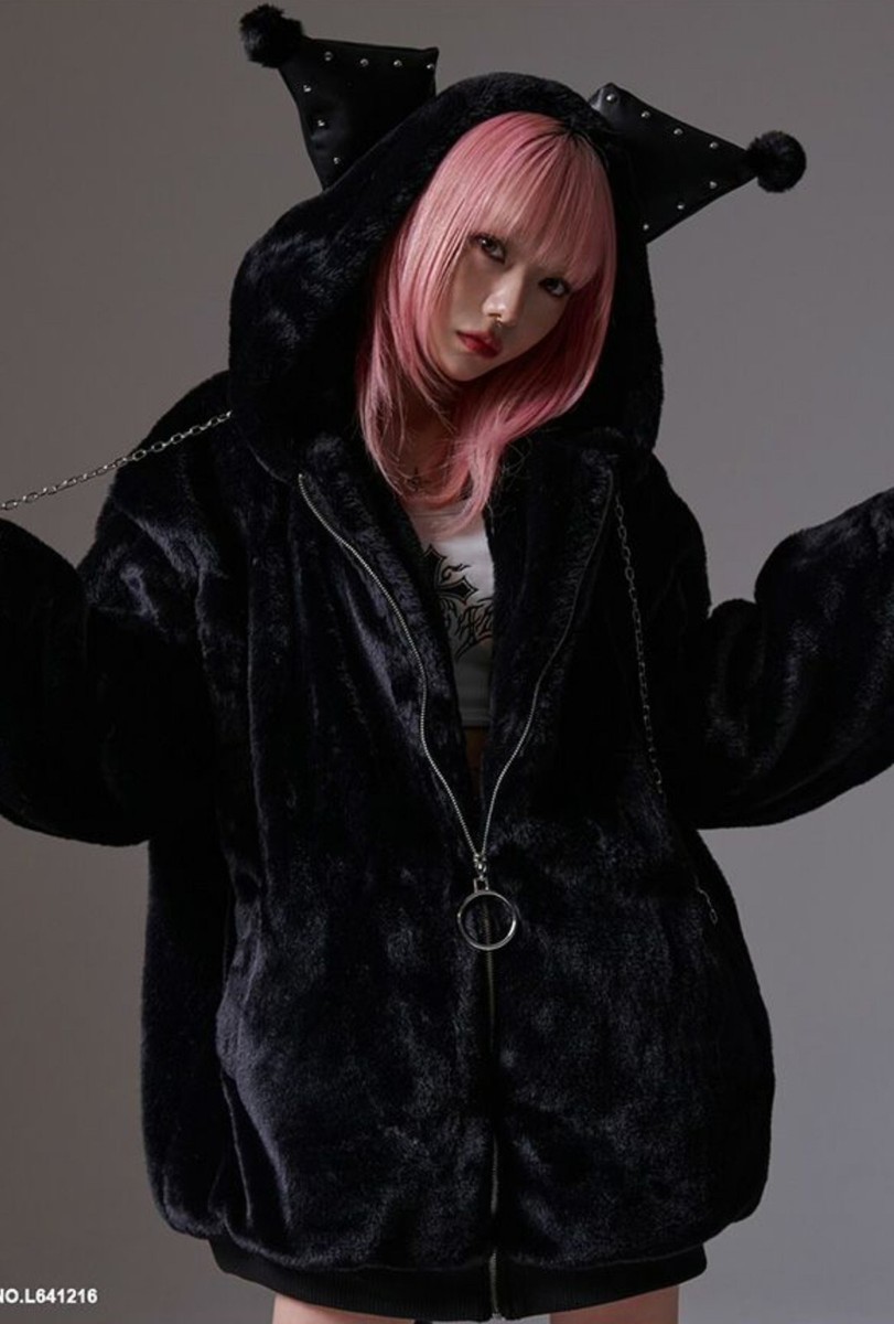 NEW Sanrio Kuromi Faux Fur Hooded Jacket Black Kawaii Anime | eBay