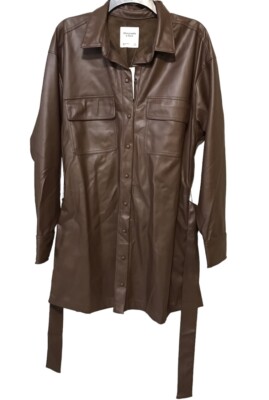 Abercrombie & Fitch Vegan Leather Brown Coat Long Jacket Fleece