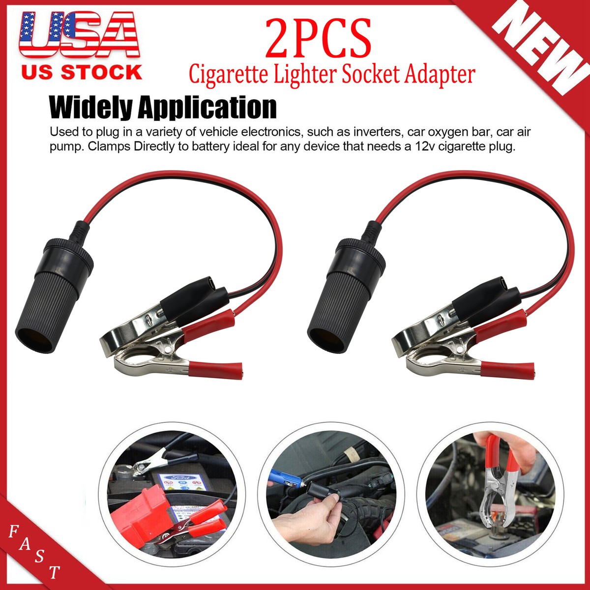 cigarette lighter to battery clips 2PCS Car Battery Alligator Clamp Clip Cigarette Lighter Power Adapter  Socket 12V