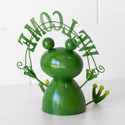 Green Frog Ornament with Welcome Sign 28cm Tall Metal Garden Lawn Figure Decor - Picture 4 of 6