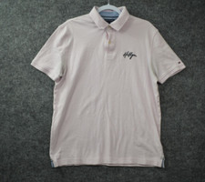 Tommy Hilfiger Polo Shirt Large Custom Fit Pink Blue Spell Out Logo Preppy Mens