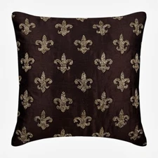 Pillow Cover Brown 16"x16", Home Decor Silk Fleurs De Lis Beaded - Fleur De Lis