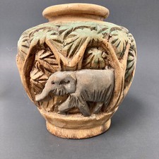Hand Carved Wood Sculpture Tribal Art Vase 3D Elephant Jungle palm trees
