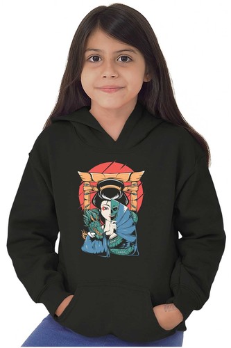 Traditional Geisha Split Face Skull Dragon Youth Hooded Sweatshirt Boy or Girl - Picture 3 of 7