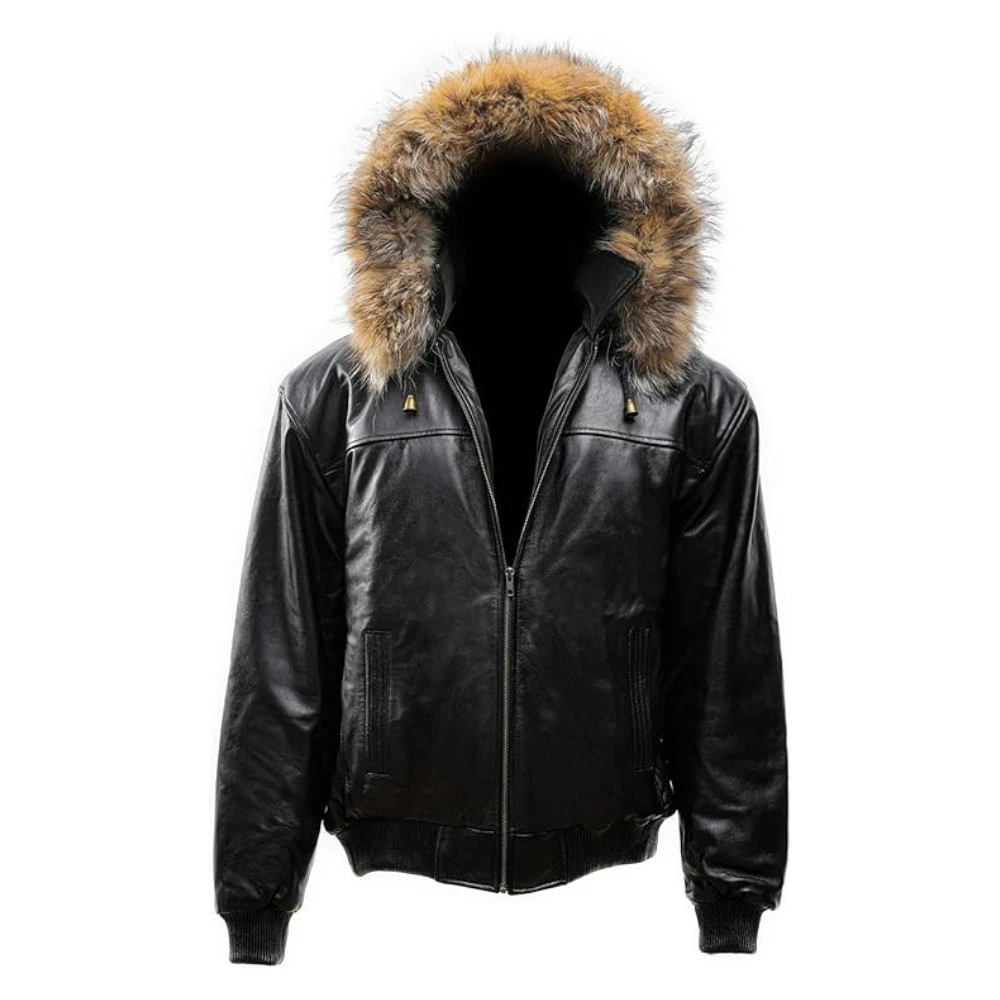 Men’s Real Leather Biker Jacket–Detachable Hood, Bomber jacket–Black