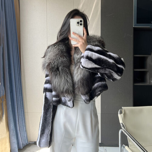 Damen Echt Rex Kaninchenfell Chinchilla Mantel Silber Fuchs Fell großer Schal Kragen Jacke - Bild 1 von 17