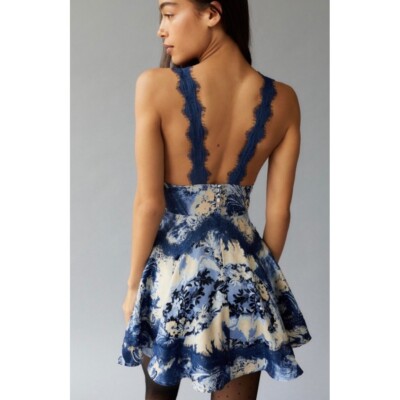UO Tiffany Black Satin & Lace Mini Dress Urban Outfitters Blue Medium | eBay
