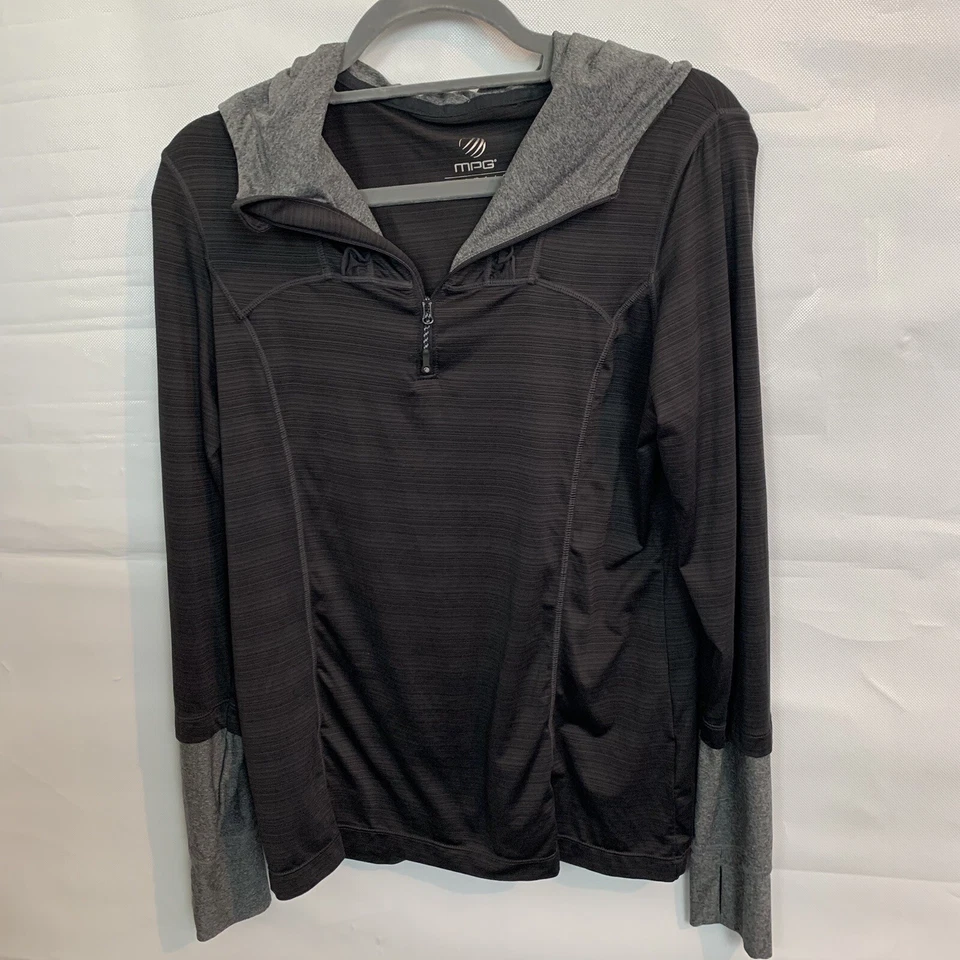 MPG Mujer Pullover Manga Larga Atlético Con Capucha Top Grande Negro Gris 1/4 Cremallera Foto 2 de 4