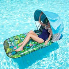 New POOL FLOAT w/ Canopy  Backrest 74" Inflatable Large Adult Swim Lounger NIB