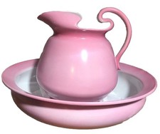 Vintage X-Large Pink Ceramic Wash Jug & Basin Set - 3 Dots Mark - Retro Homeware