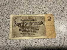 1937 German Rentenmark 2 Mark Note Deutsche Berlin Pre WW2 1937 Beige WWII