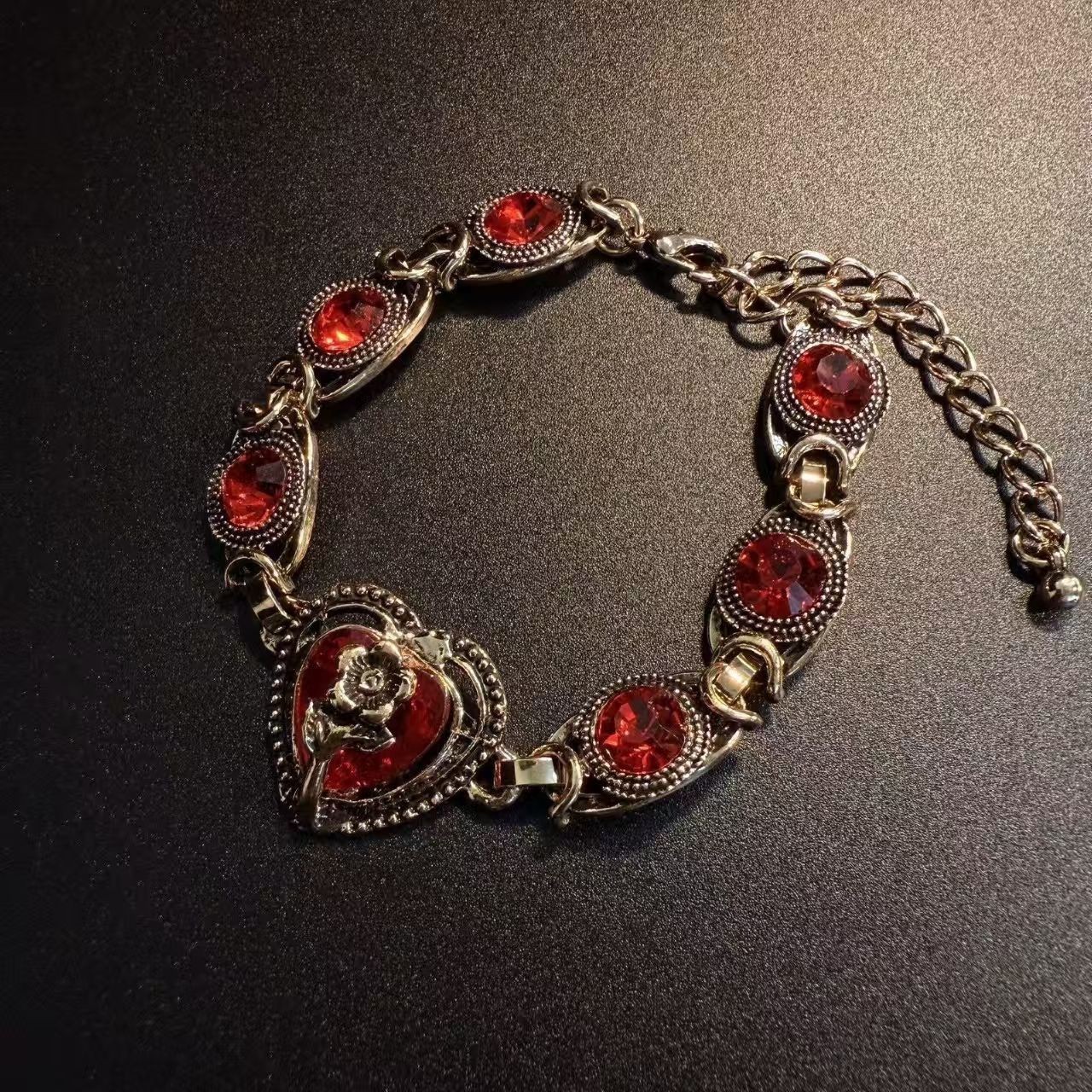 Vintage Gold Red Rhinestone Heart Rose Link Bracelet Gothic Retro