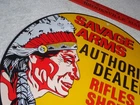 VINTAGE SAVAGE ARMS AUTHORIZED DEALER RIFLES SHOTGUN AMMO 11 3/4" PORCELAIN SIGN
