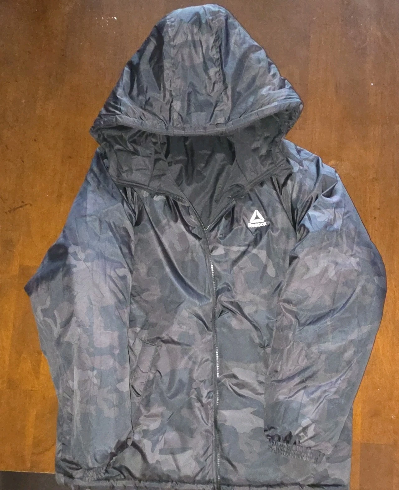 Reebok Mens Black Puffer Jacket Hooded Full Zip Logo Black/Camo Reversible