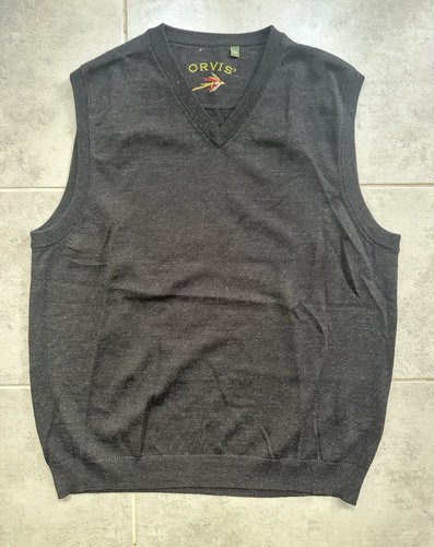 Maglione smanicato uomo Orvis grigio canotta canotta lana merino scollo a V grande *DIFETTO*