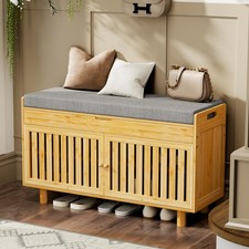 Shoe Storage Bench, Bamboo Entryway Bench with 2 Doors  Padded Seat Cushion,...