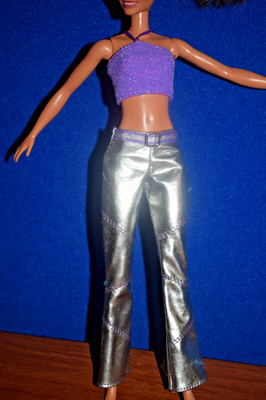 2001 Mattel Barbie Jam'N Glam Silver Vinyl Metallic Pants &Reversable Halter Top