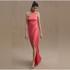 Anthropologie BHLDN Coral Dylan One Shoulder Satin Side Slit Gown Size 6 NWT