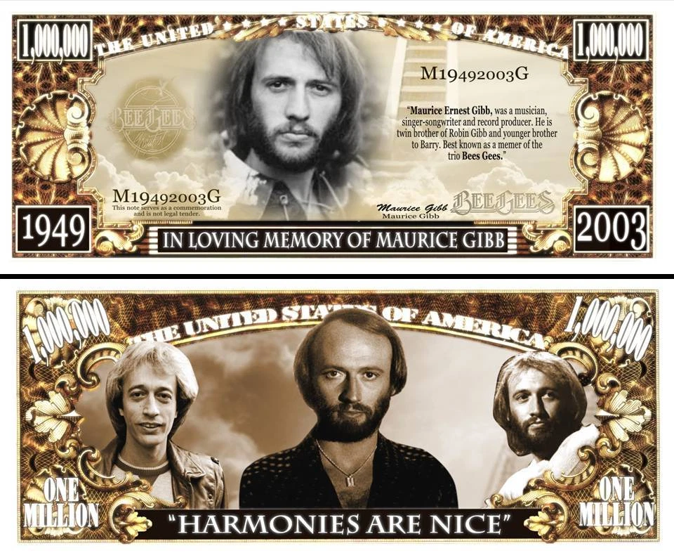 Maurice Gibb Bee Gees Million Dollar Play Funny Money Novelty Note + FREE SLEEVE