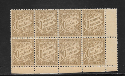 MONACO SCOTT J6 MNH BLOCK of 8 - 1926 20c BISTER/BUFF POSTAGE DUE ISSUE